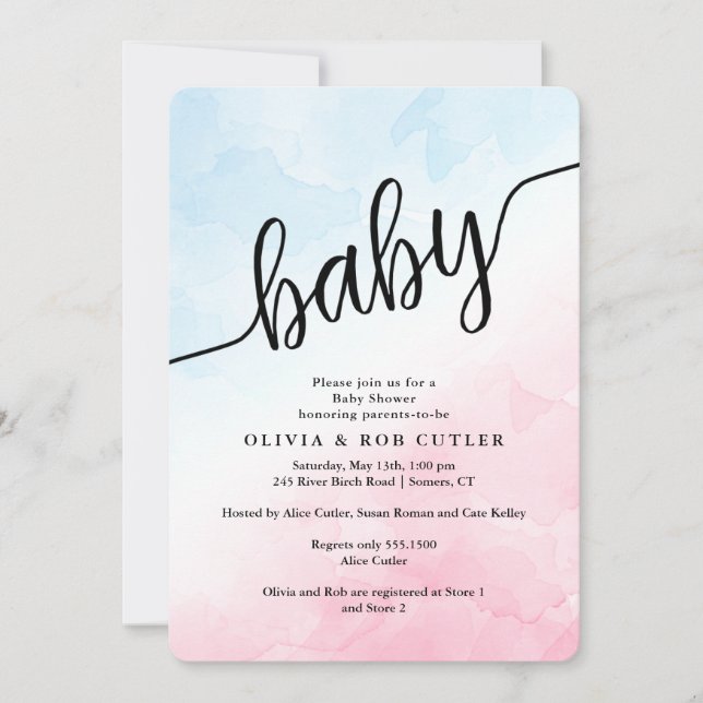 Invitación Baby Shower rosa y azul con escritura a mano (Anverso)