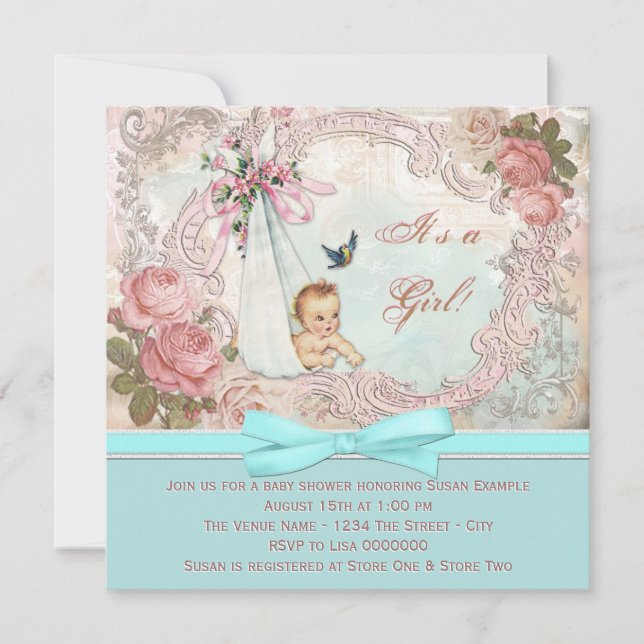 Invitación Baby Shower rosa y azul Verde azulado (Anverso)