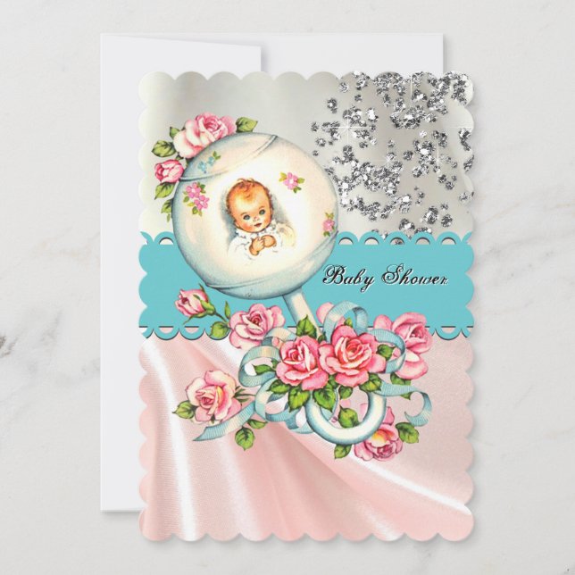Invitación Baby Shower rosa y azul Verde azulado de bonito (Anverso)