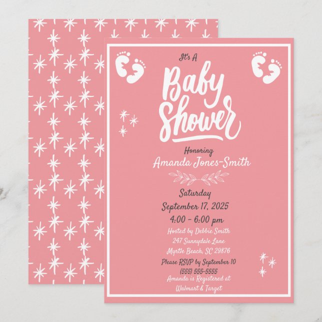 Invitación Baby Shower rosa y blanco (Anverso / Reverso)