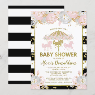 Invitación Baby Shower rosa y dorada al carrusel