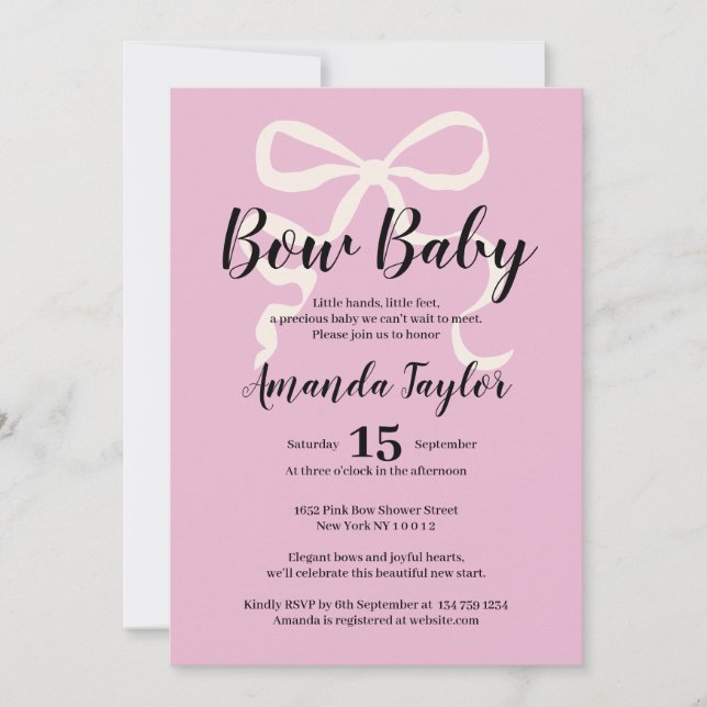 Invitación Baby Shower rosa y elegante con arco de coqueta (Anverso)