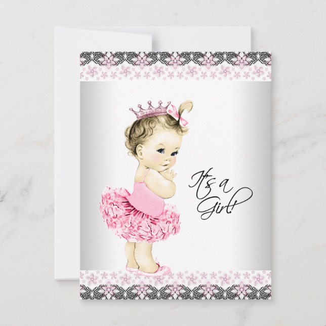 Invitación Baby Shower Rosa y Gris de Princesa Tutu (Anverso)