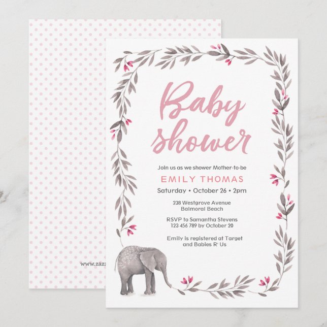 Invitación Baby Shower rosa y gris del elefante (Anverso / Reverso)