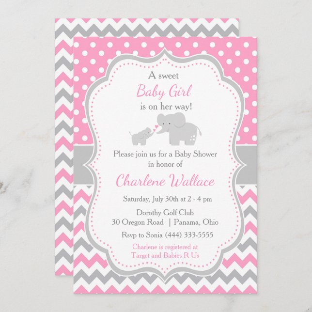 Invitación Baby Shower rosa y gris elefante (Anverso / Reverso)