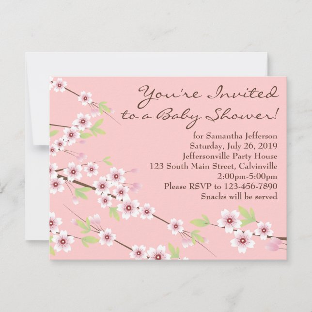 Invitación Baby Shower rosa y marrón con flores de cerezo (Anverso)