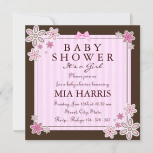 Invitación Baby Shower rosa y marrón de flores