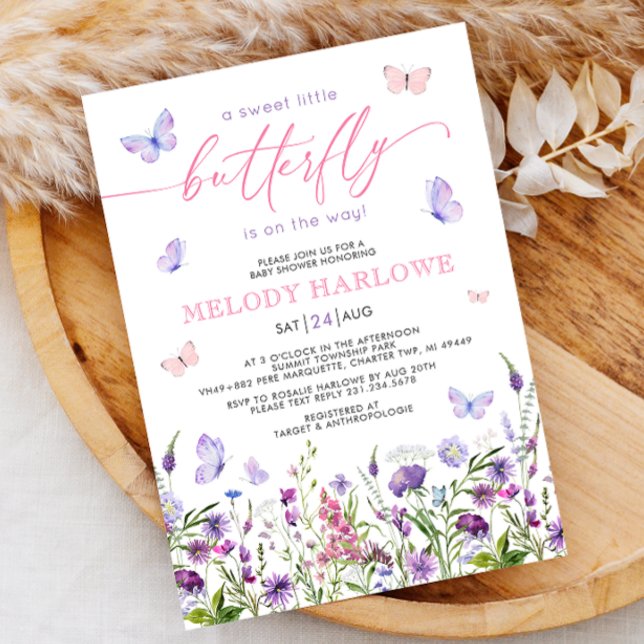 Invitación Baby Shower rosa y morado de flor silvestre maripo (Butterfly Wildflower Pink and Purple Baby Shower Invitation)