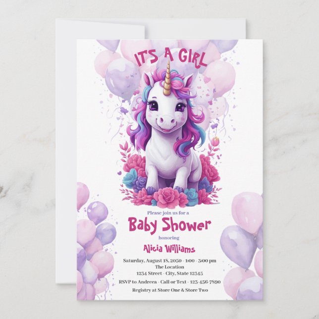 Invitación Baby Shower rosa y morado de Unicornio (Anverso)