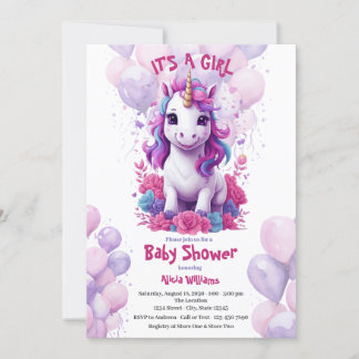 Invitación Baby Shower rosa y morado de Unicornio