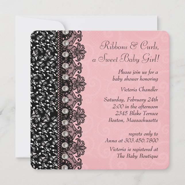 Invitación Baby Shower rosa y negro chica (Anverso)