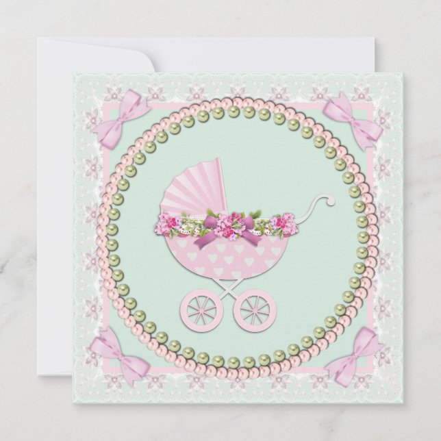 Invitación Baby Shower rosa y verde (Anverso)