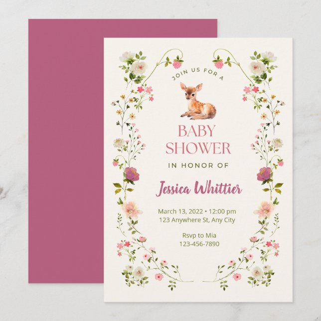 Invitación Baby Shower rosa y verde de ciervos y flores (Anverso / Reverso)