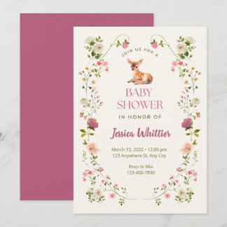 Invitación Baby Shower rosa y verde de ciervos y flores
