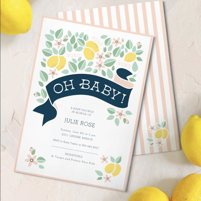Invitación Baby Shower rosado botánico limón lindo (Cute Lemon Yellow Botanical Bold Baby Shower  Invitation)