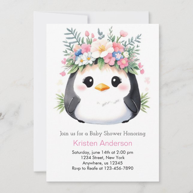 Invitación Baby Shower rosado Chica de Penguin's Wonderland (Anverso)