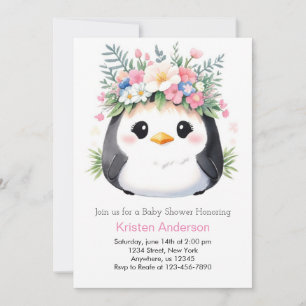 Invitación Baby Shower rosado Chica de Penguin's Wonderland