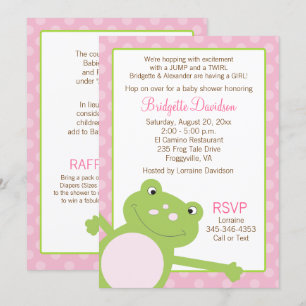Invitación Baby Shower rosado Chica de rana de salto verde