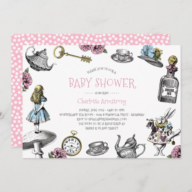 Invitación Baby Shower rosado con puntos polka (Anverso / Reverso)
