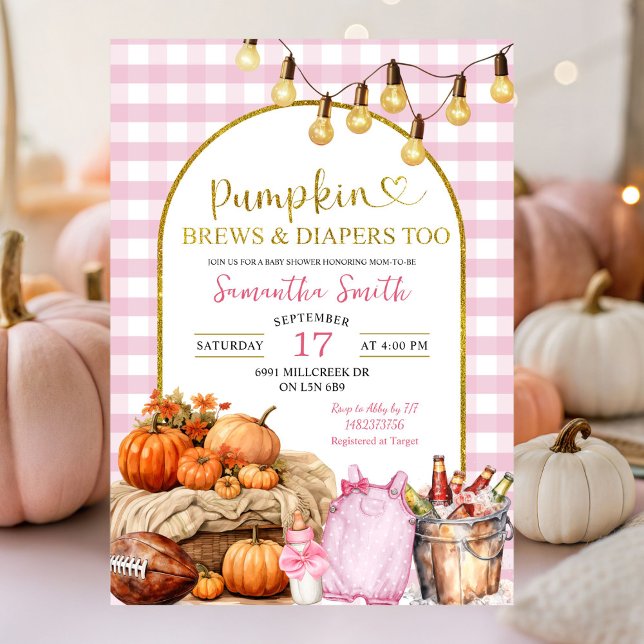 Invitación Baby Shower rosado de calabaza de Gingham y pañale (Subido por el creador)