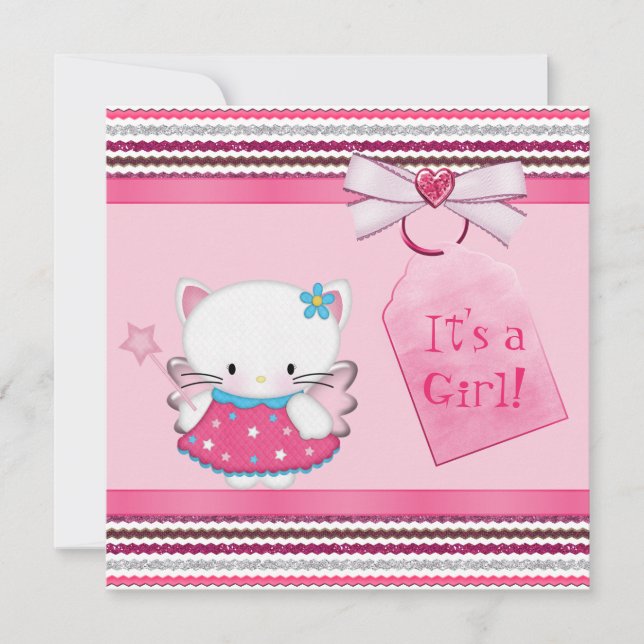 Invitación Baby Shower rosado de gato gatito chiquito (Anverso)