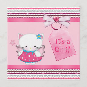 Invitación Baby Shower rosado de gato gatito chiquito