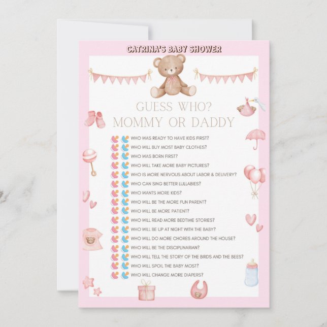 Invitación Baby Shower rosado de osito de peluche - Nombre ed (Anverso)