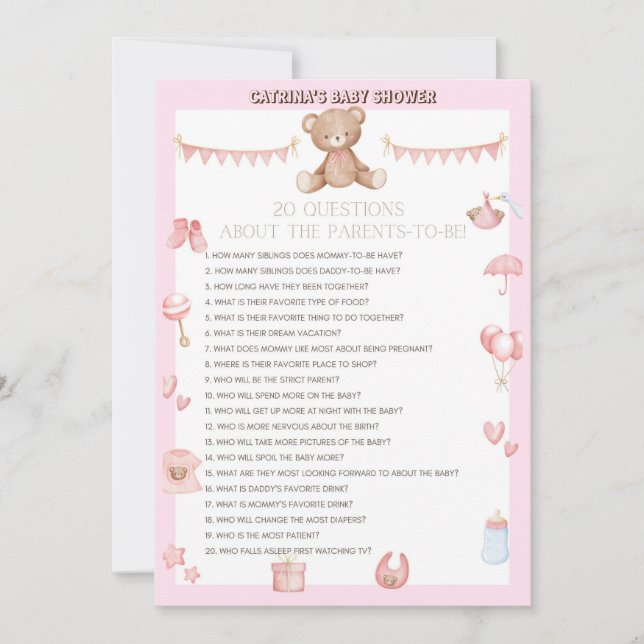 Invitación Baby Shower rosado de osito de peluche - Nombre ed (Anverso)