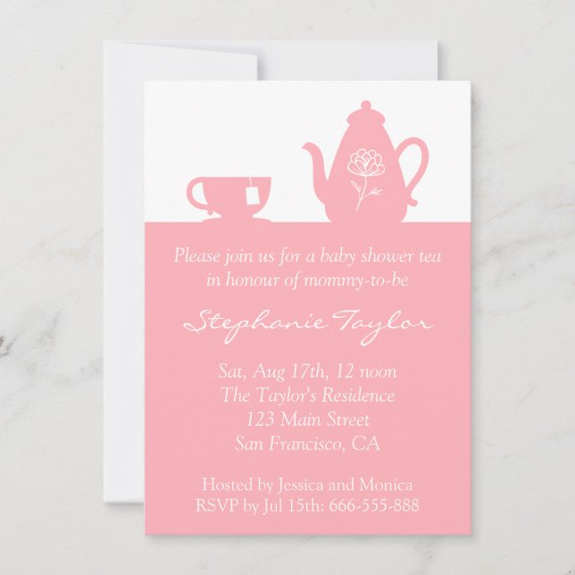 Invitación Baby Shower rosado dulce, fiesta del té para que (Anverso)