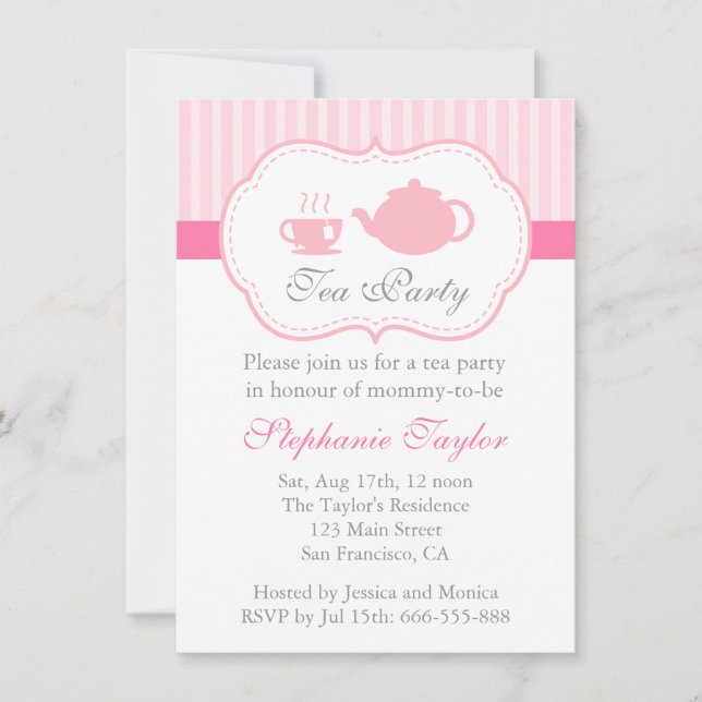Invitación Baby Shower rosado dulce, fiesta del té para que (Anverso)