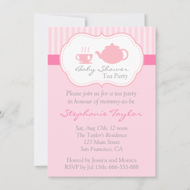 Invitación Baby Shower rosado dulce, fiesta del té para que (Anverso)