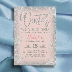 Invitación Baby Shower rosado Rubor Silver Snowflakes