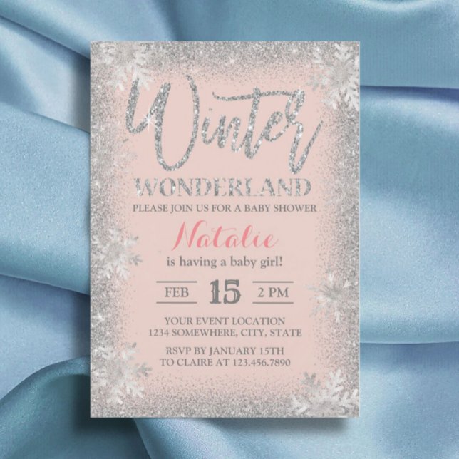 Invitación Baby Shower rosado Rubor Silver Snowflakes (Subido por el creador)