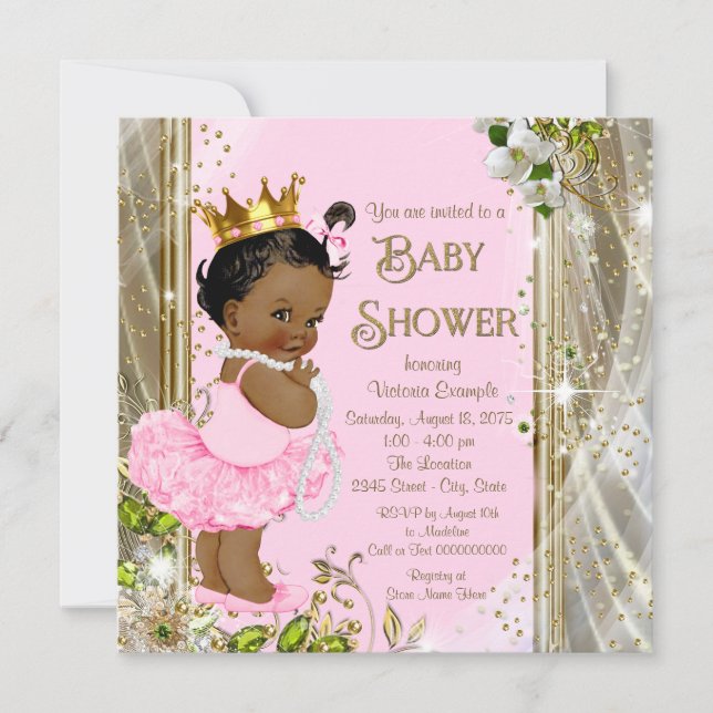 Invitación Baby Shower rosado tutu de la princesa afroamerica (Anverso)