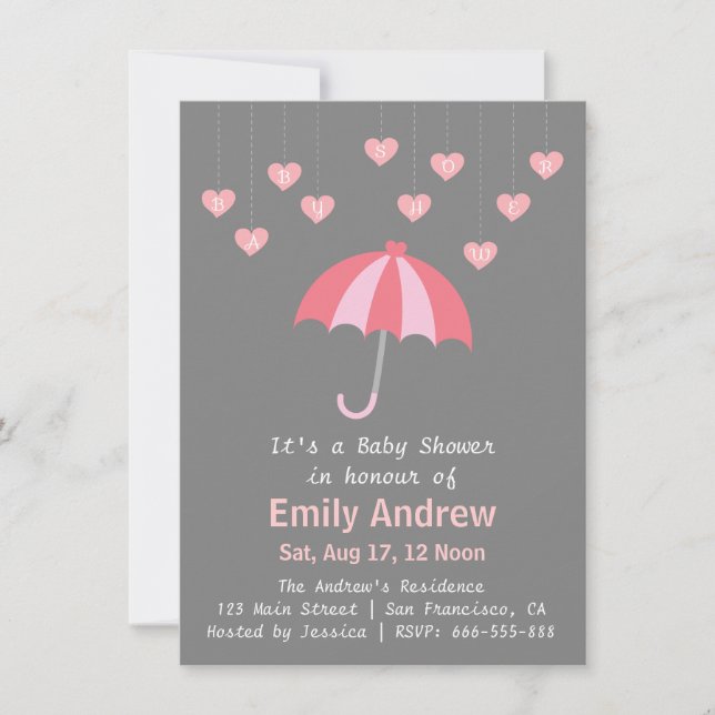 Invitación Baby Shower rosado y gris con amor y el paraguas (Anverso)