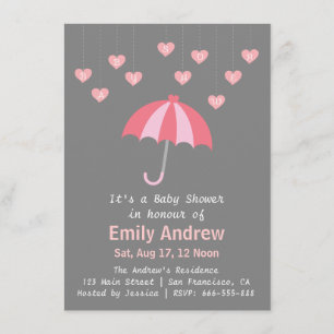Invitación Baby Shower rosado y gris con amor y el paraguas