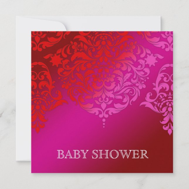 Invitación Baby Shower rosado y rojo del damasco de 311 lunes (Anverso)