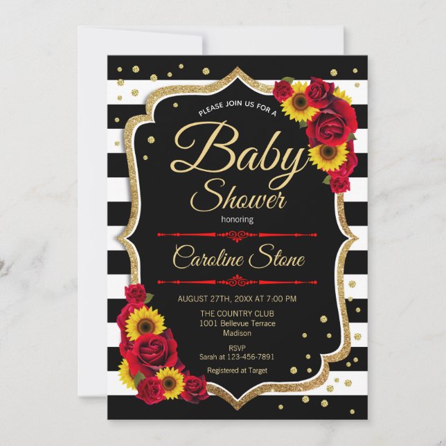 Invitación Baby Shower - Rosas de girasoles franjas blancas n (Anverso)