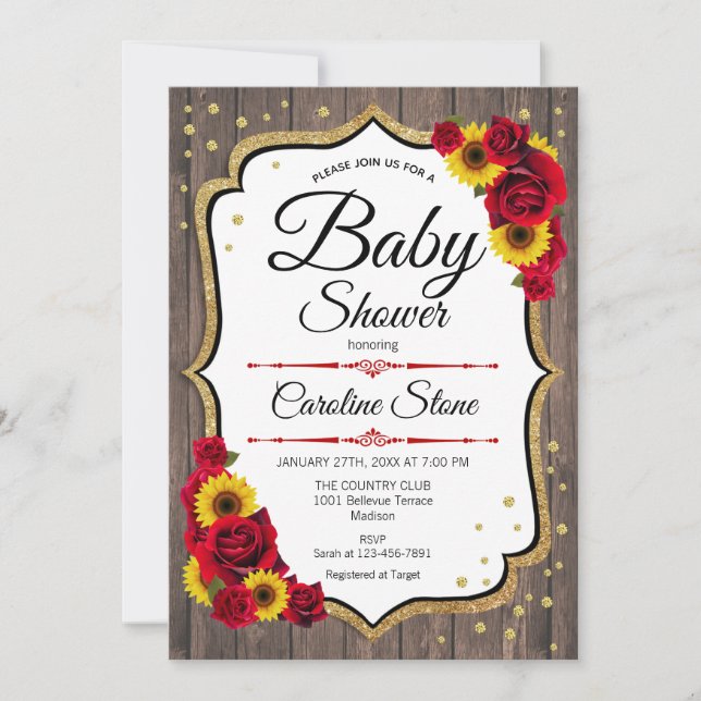 Invitación Baby Shower - Rosas de girasoles - Madera Rusa (Anverso)