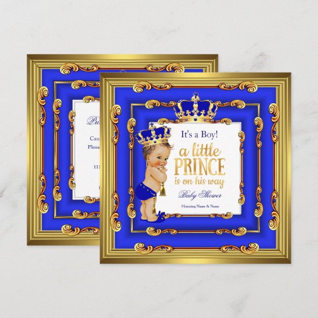 Invitación Baby Shower Royal Blue Gold Frame Brunette (Anverso / Reverso)