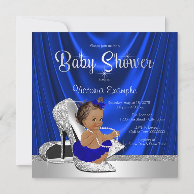 Invitación Baby Shower Royal Blue Silver Shoe (Anverso)