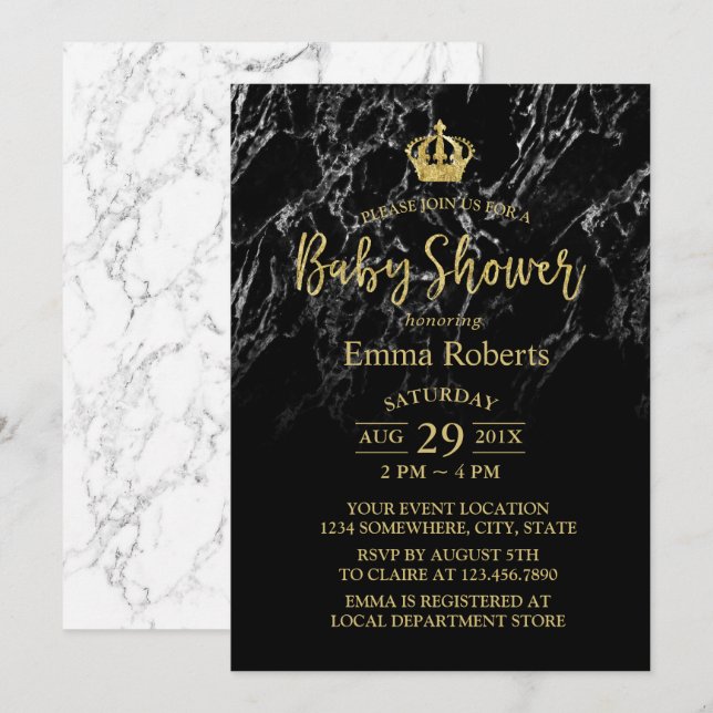 Invitación Baby Shower Royal Gold Crown Elegant Mármol Negro (Anverso / Reverso)