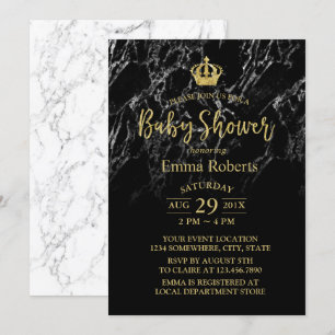 Invitación Baby Shower Royal Gold Crown Elegant Mármol Negro