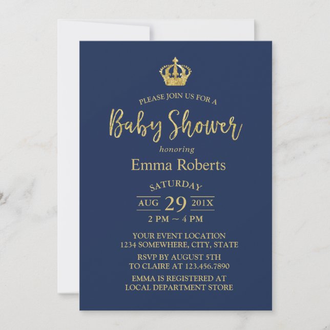 Invitación Baby Shower Royal Gold Crown Elegant Navy Blue (Anverso)