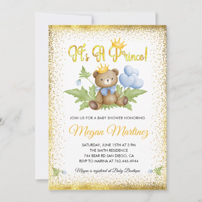 Invitación Baby Shower Royal Gold Little Bear Boy (Anverso)