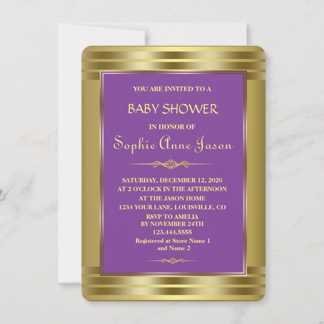 Invitación Baby Shower Royal Purple y Gold (Anverso)