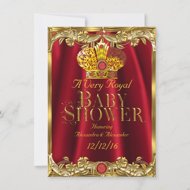 Invitación Baby Shower Royal Red Gem Gold Crown 2 (Anverso)