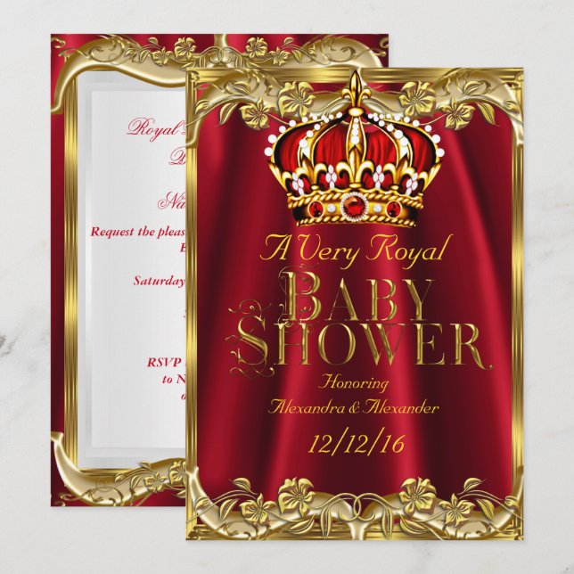 Invitación Baby Shower Royal Regal Red Gold Crown (Anverso / Reverso)