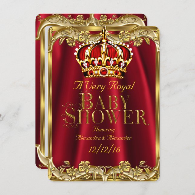 Invitación Baby Shower Royal Regal Red Gold Crown (Anverso / Reverso)