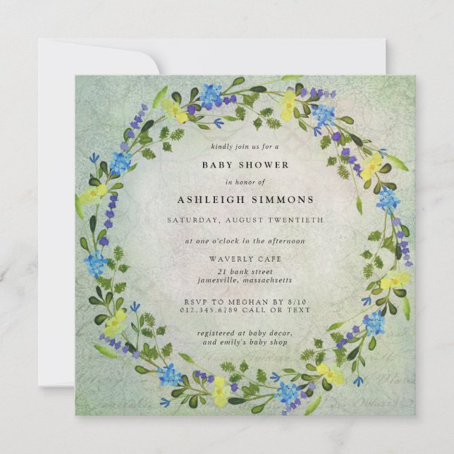 Invitación Baby Shower ruso amarillo y azul floral (Anverso)